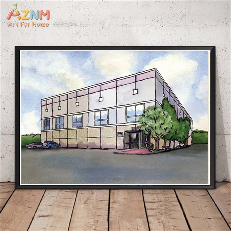 Commercial Wall Printing - AZNM aquarel moderne commerciële gebouwen landschap